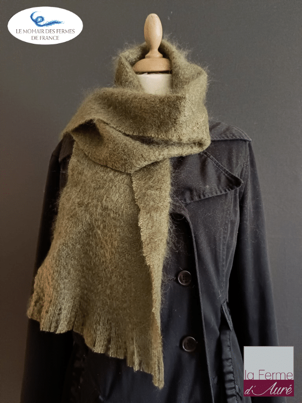 echarpe laine mohair vert kaki - petit modele - mohair des fermes de france