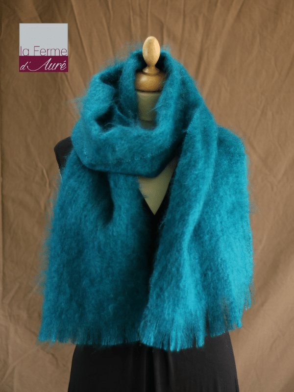 Grande écharpe laine mohair bleu lagon - Mohaire ferme d'Auré