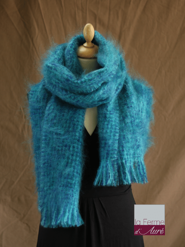 Grande écharpe laine mohair chiné bleu vert - Mohair Ferme d'Auré