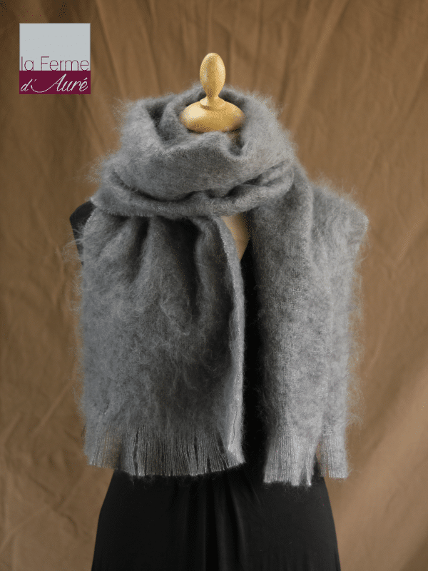 Grande écharpe laine mohair gris orage - Mohair Ferme d'Auré