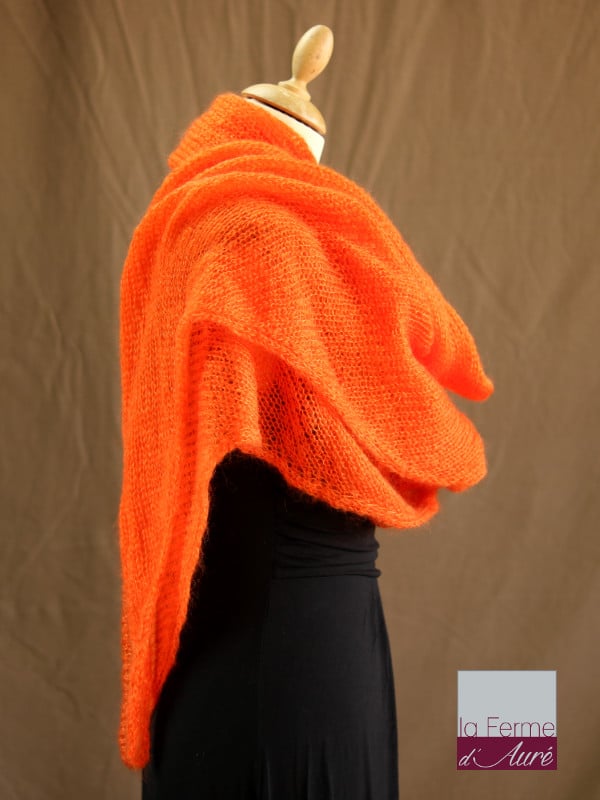 chale mohair & soie orange par la Ferme d'Auré - Chale tricot en laine mohair