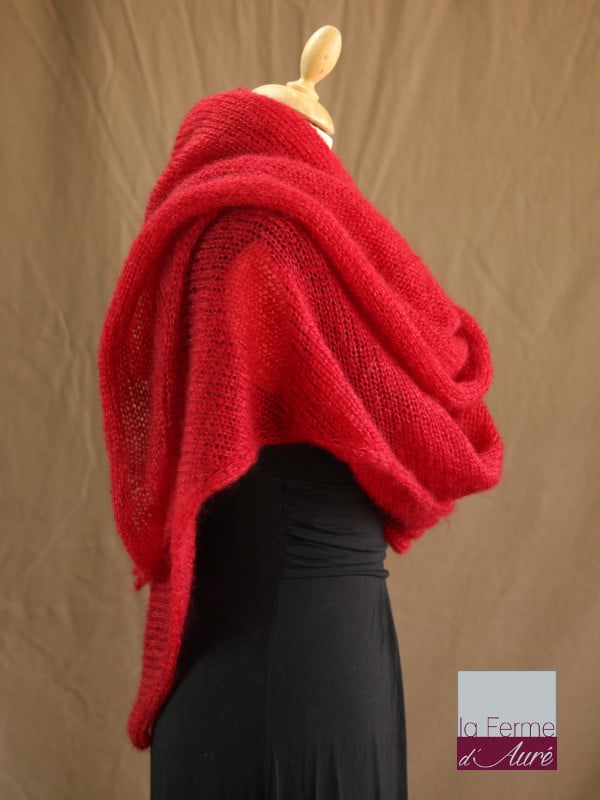 chale mohair & soie rouge par la Ferme d'Auré - Chale tricot en laine mohair