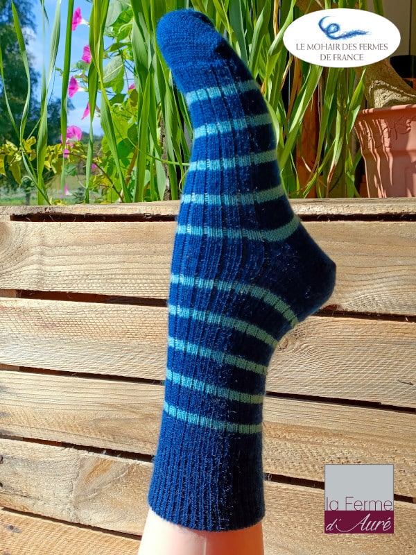 Chaussettes chaudes en laine Mohair Rayures Bleu - Ferme d'Auré