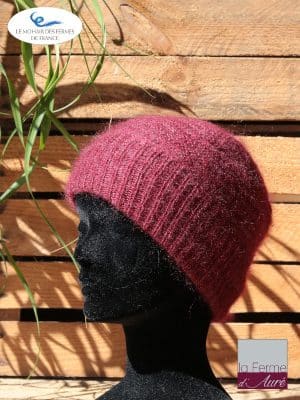 Bonnet en laine mohair pour femme coloris Beaujolais. Mohair des Fermes de France par la Ferme d'Auré