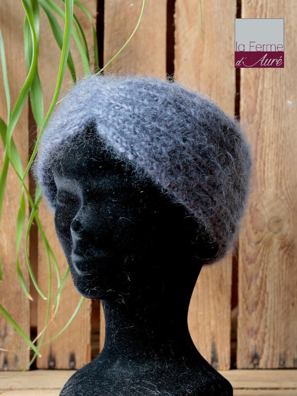 Cache oreilles Bandeau de tête en laine mohair gris - Tricot fait main - Mohair de France