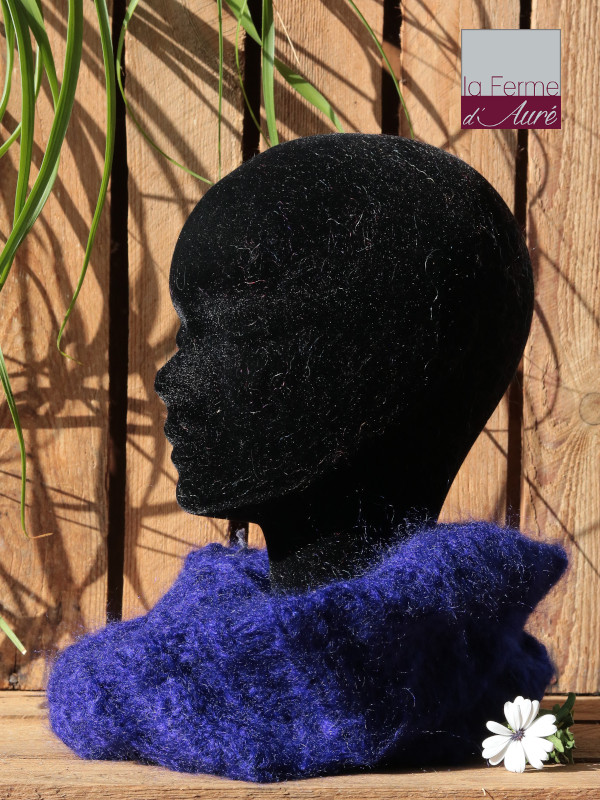 Tour de cou Moebus - écharpe col en laine mohair de France coloris bleu - Tricoté à la Main