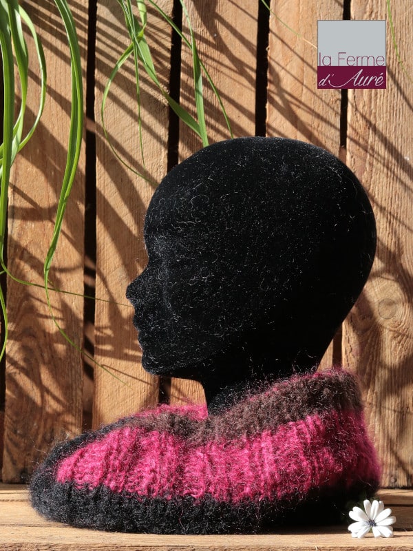 Tour de cou Moebus - écharpe col en laine mohair de France coloris noir rose chocolat - Tricoté à la Main